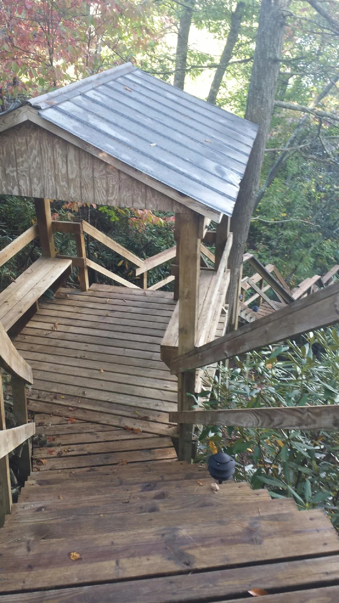 Metal roofed shelter over wooden steps on a wooded walkway — Skylight Repair & Installation work by our crew in Davidson